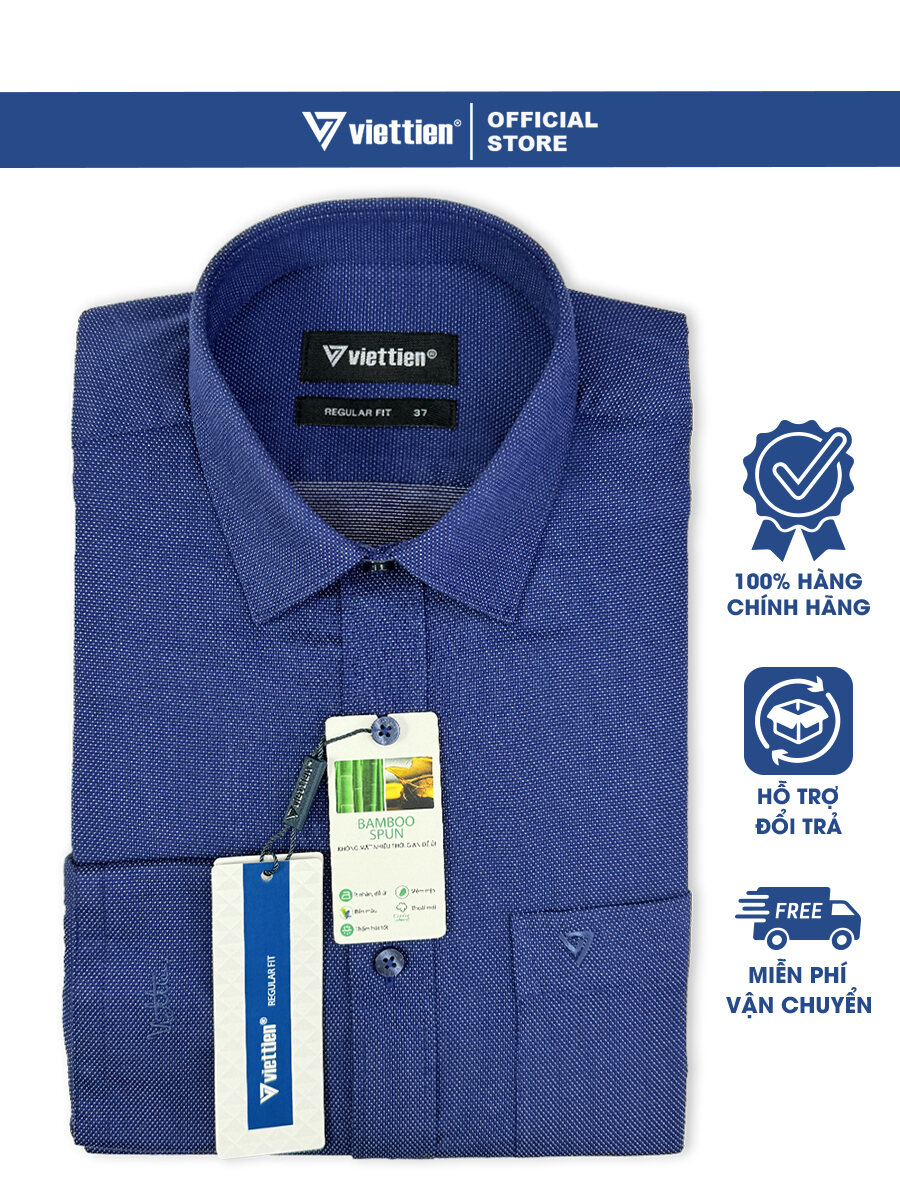 VIỆT TIẾN SALE - Áo Sơ Mi Viettien Tay Dài Màu Caro Xanh Navy Form Regular Fit Lai Bầu Quà Tặng Nam 