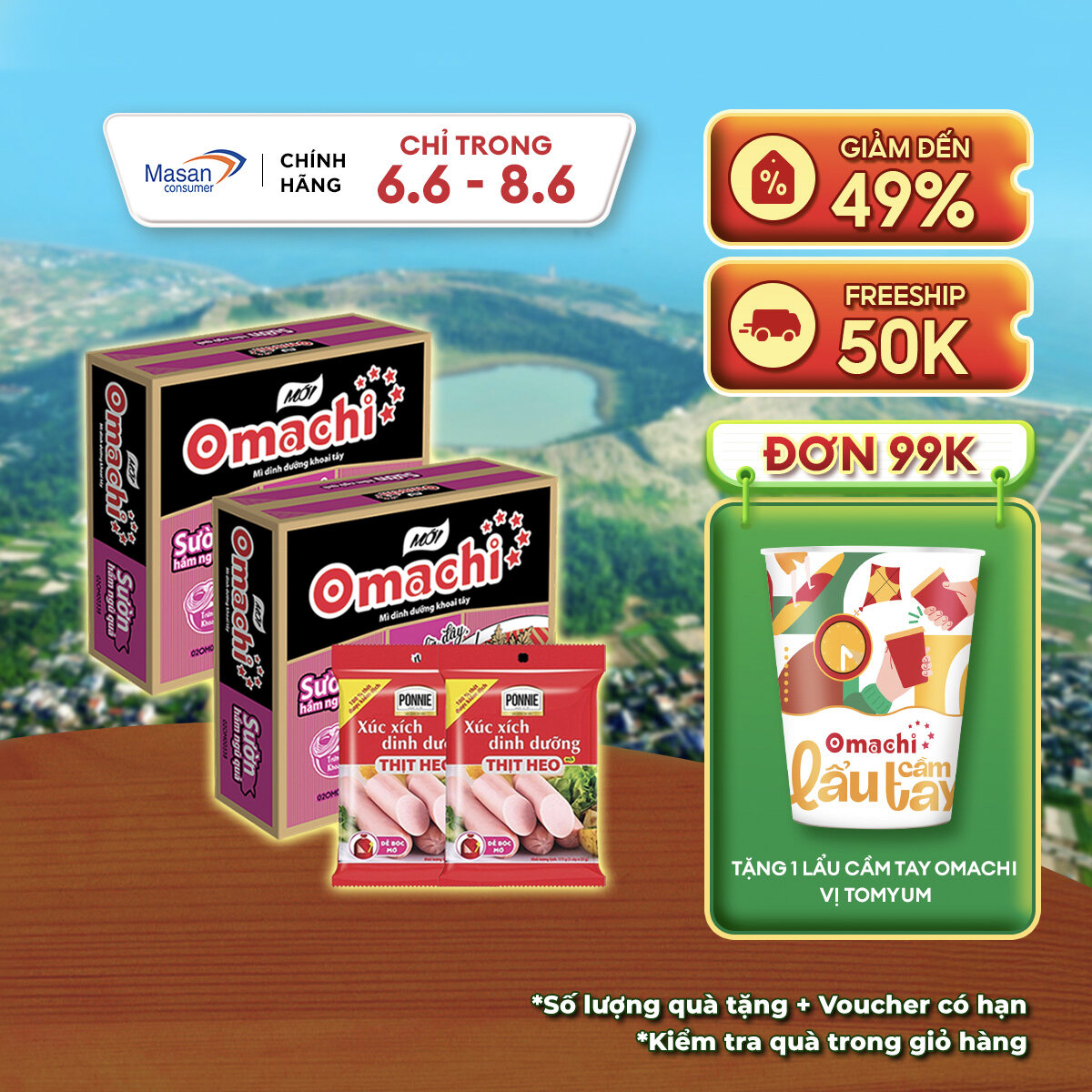 Combo 2 Thùng Omachi Sườn Hầm Ngũ Quả Gói 80G + 2 Xúc Xích Tiệt Trùng Ponnie Vị Heo 70G