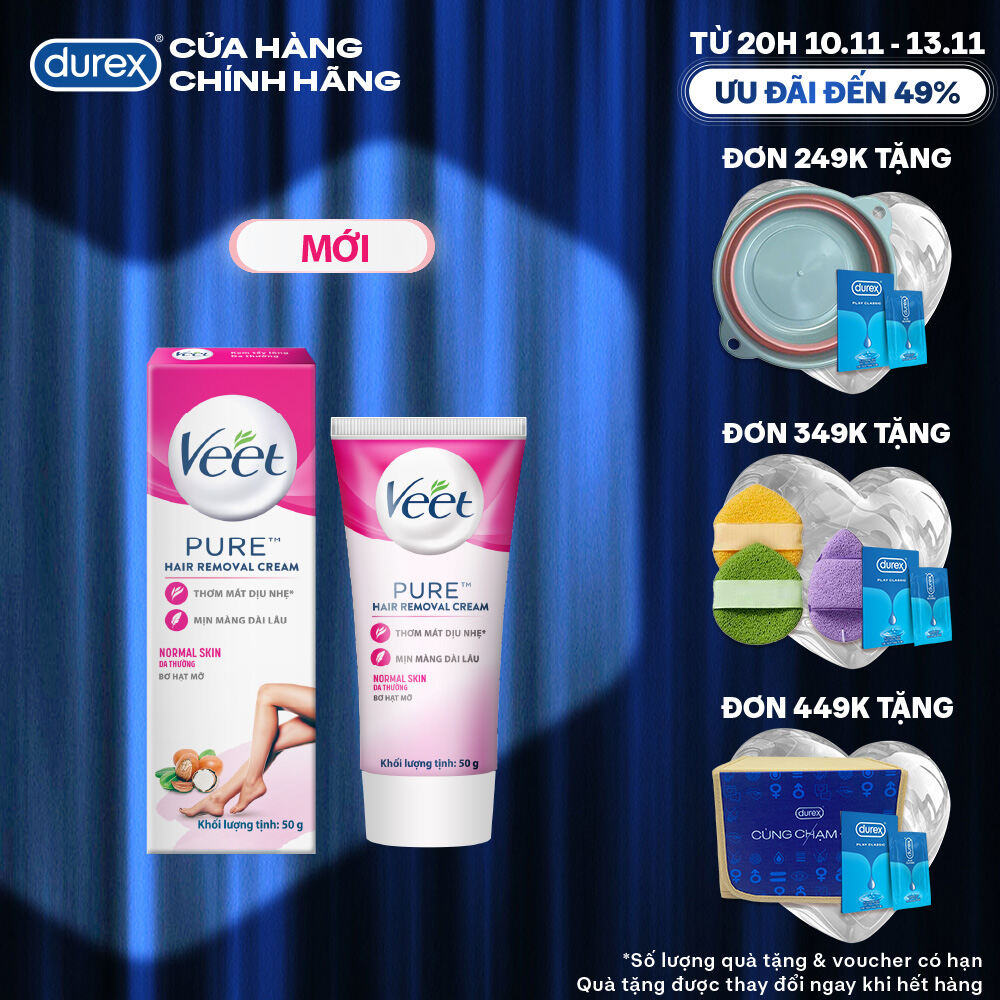 [MỚI] Kem tẩy lông Veet PURE cho da thường, hộp 50g tiết kiệm, công thức cải tiến