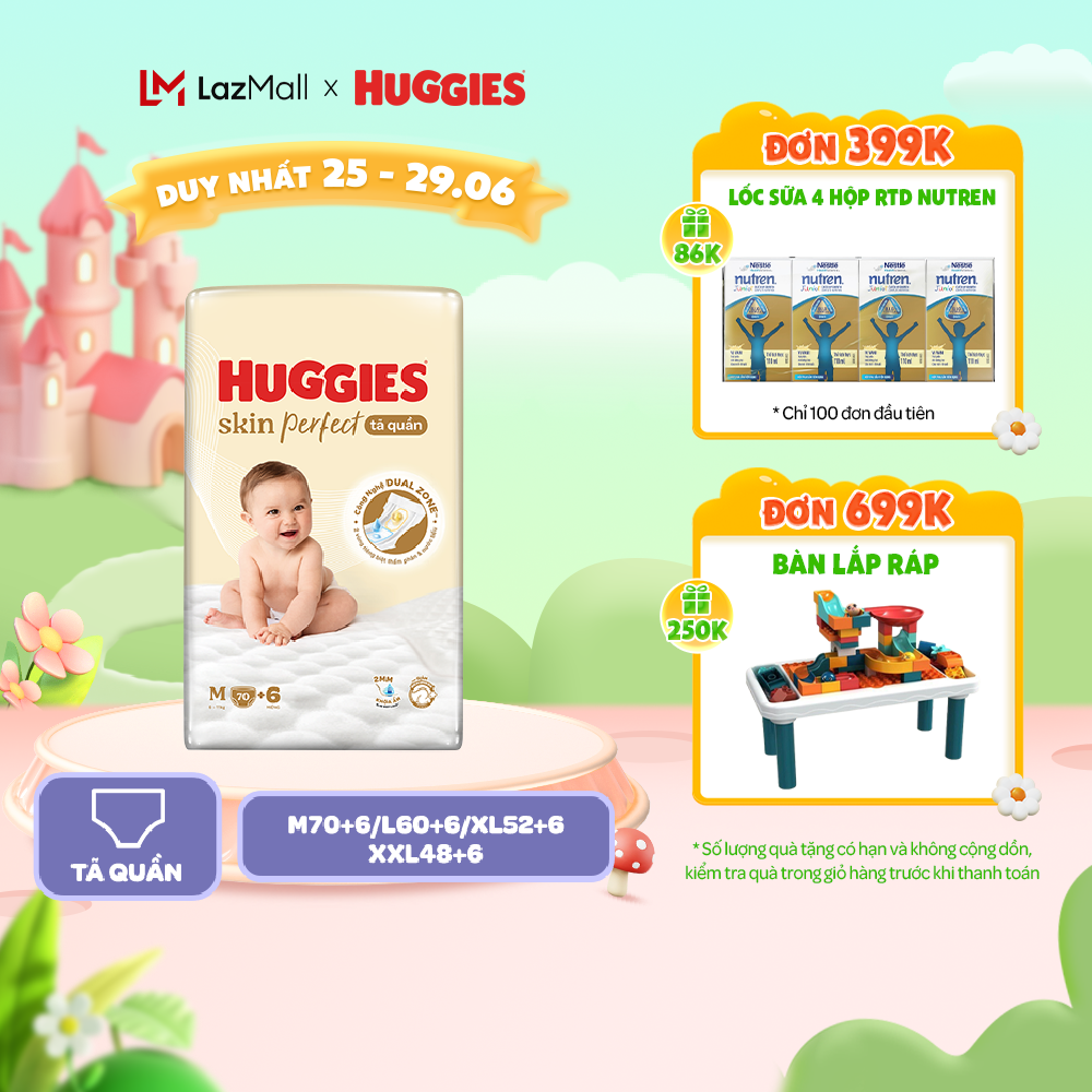 Tã/ Bỉm Quần Huggies Skin Perfect M/L/XL/XXL Super Jumbo Với 2 Vùng Thấm Giảm Kích Ứng Da