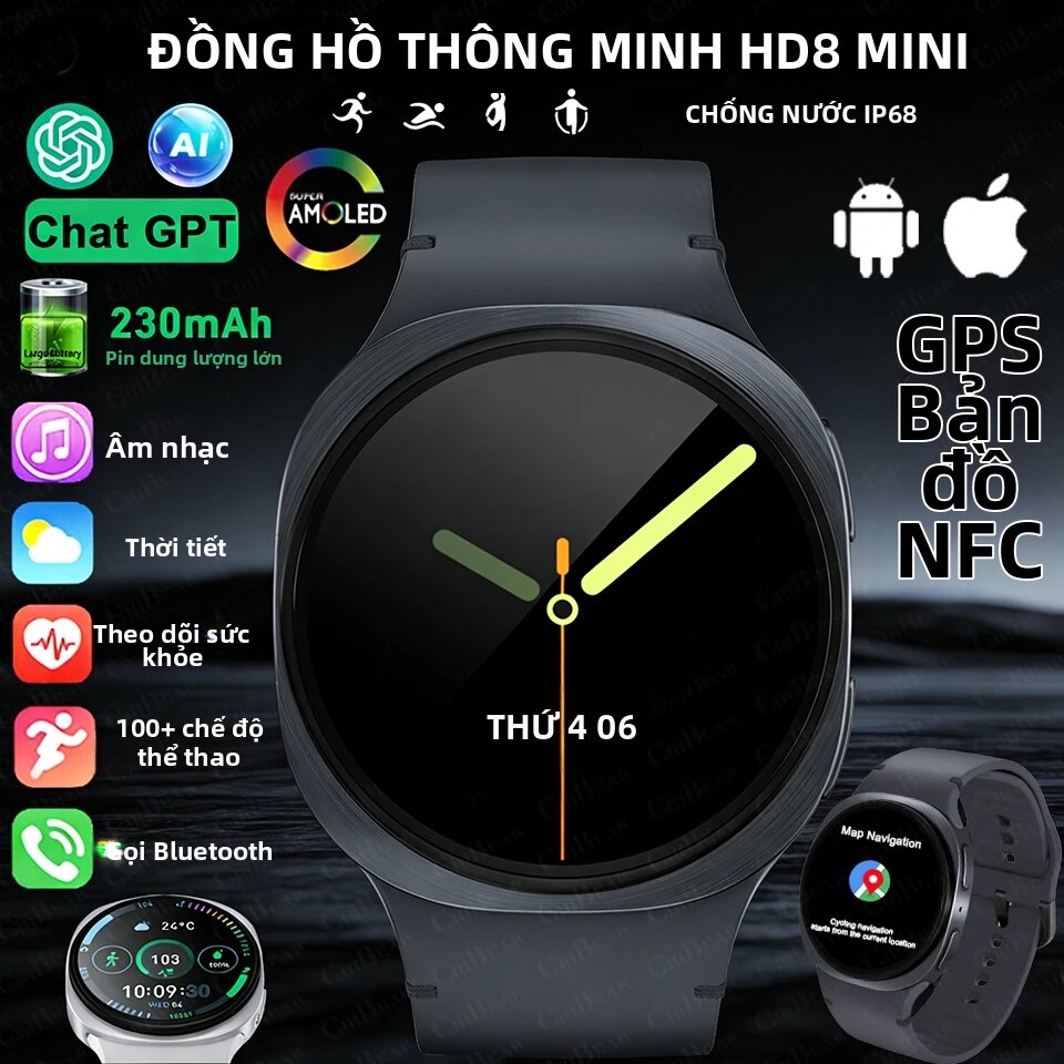 Đồng Hồ Thông Minh GPS Mini 8 Thế Hệ Mới 2026, Màn Hình AMOLED, Theo Dõi Nhịp Tim, Gọi Bluetooth, Chống Nước, Theo Dõi Sức Khỏe Thể Thao Dành Cho Nam Nữ