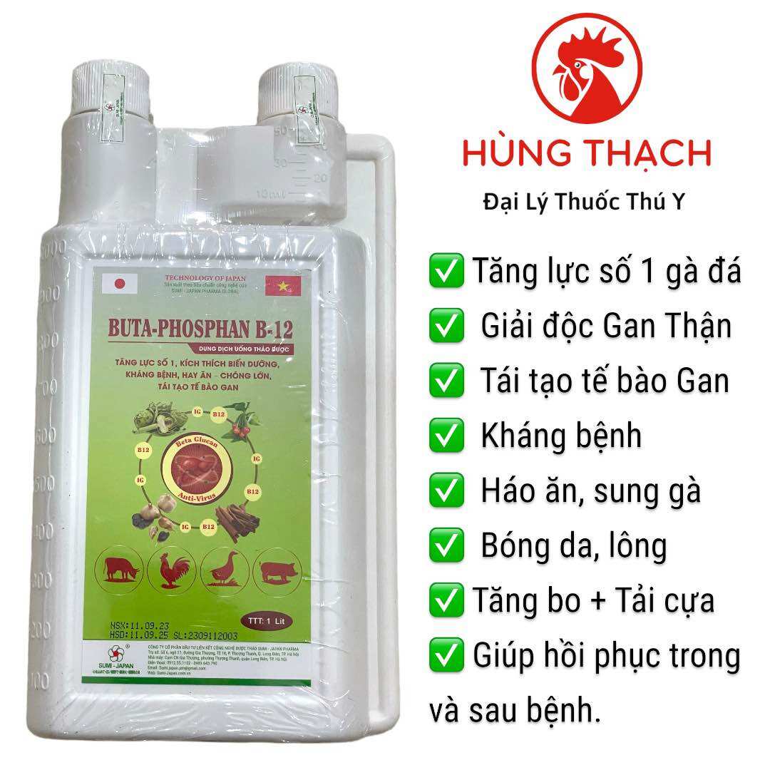 Buta-Phosphan B-12 chai 1 lít tăng lực, tăng trọng, thèm ăn, ăn ngon miệng, tái tạo tế bào gan, giải độc gan, hỗ trợ sinh sản tốt trên gà trống và gà mái, gia súc