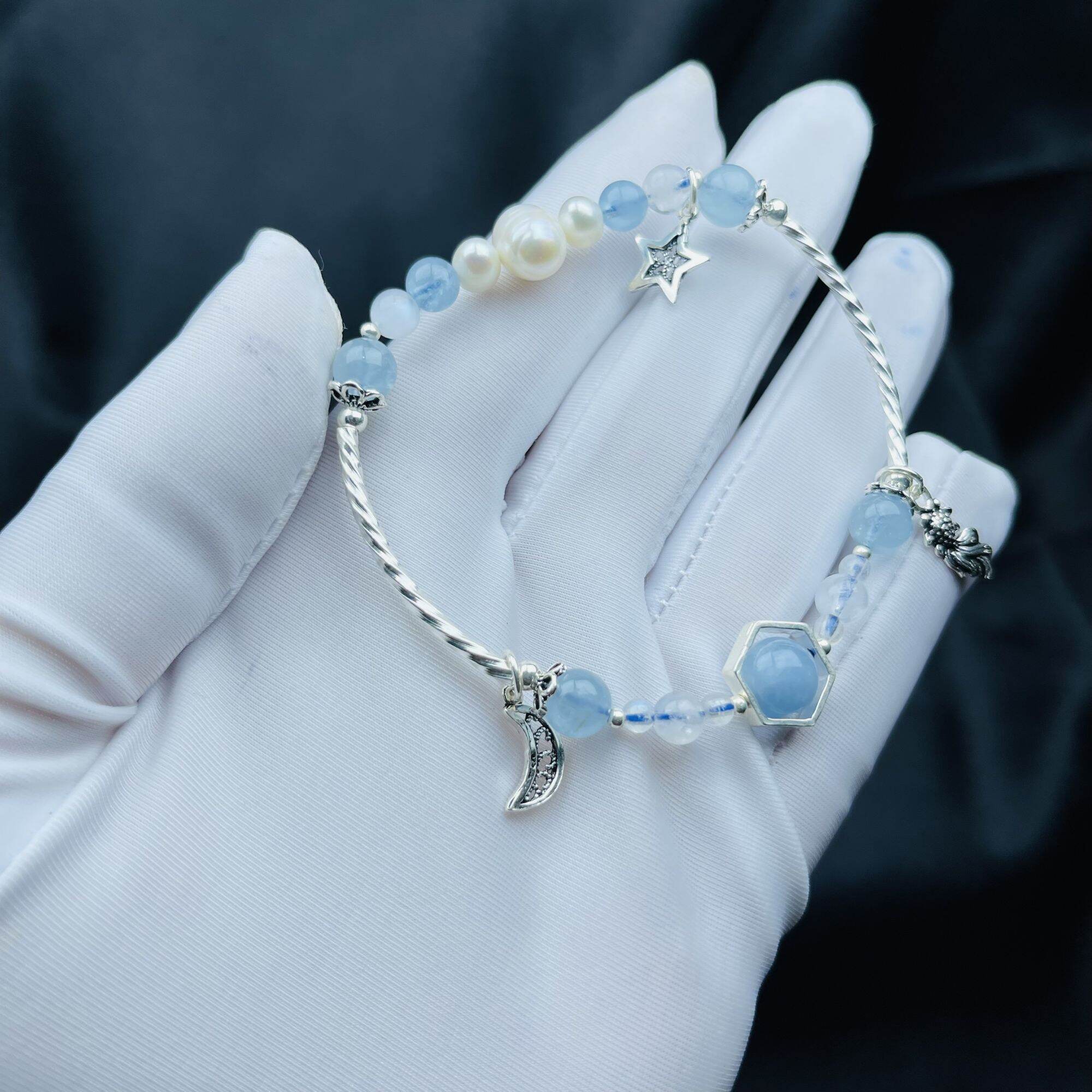 Lắc Tay Charm Bạc Ta Đá Aquamarine Tự Nhiên