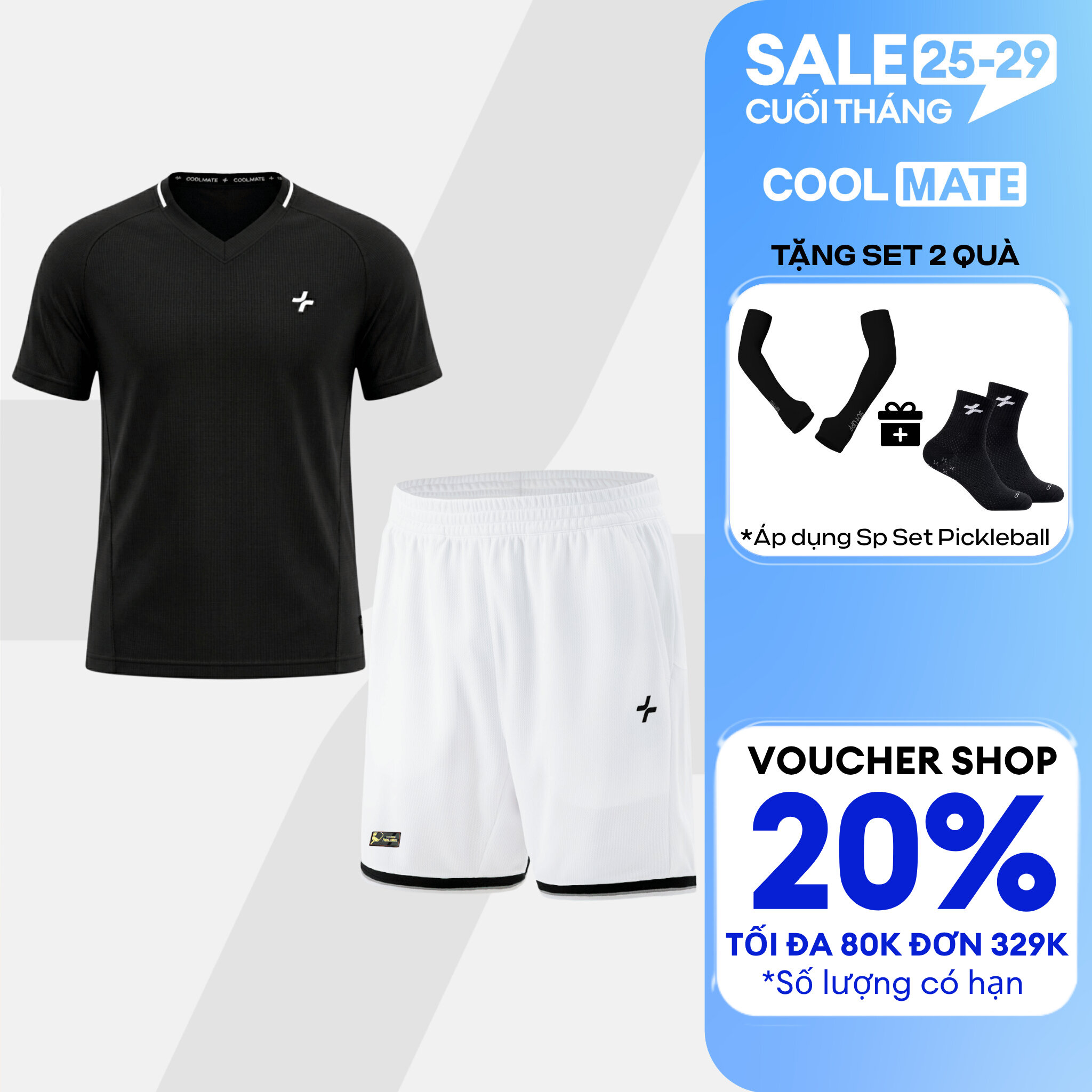 [TẶNG SET 2 QUÀ]Set đồ bộ thể thao nam Pickleball Áo thun cổ V và Quần short Essentials Nhanh khô,Thoáng Khí,Thấm hút Coolmate