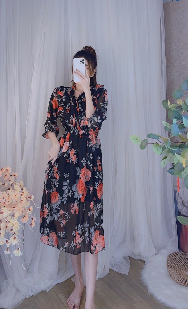 Đầm hoa viền bèo cột nơ siêu xinh - hình thật