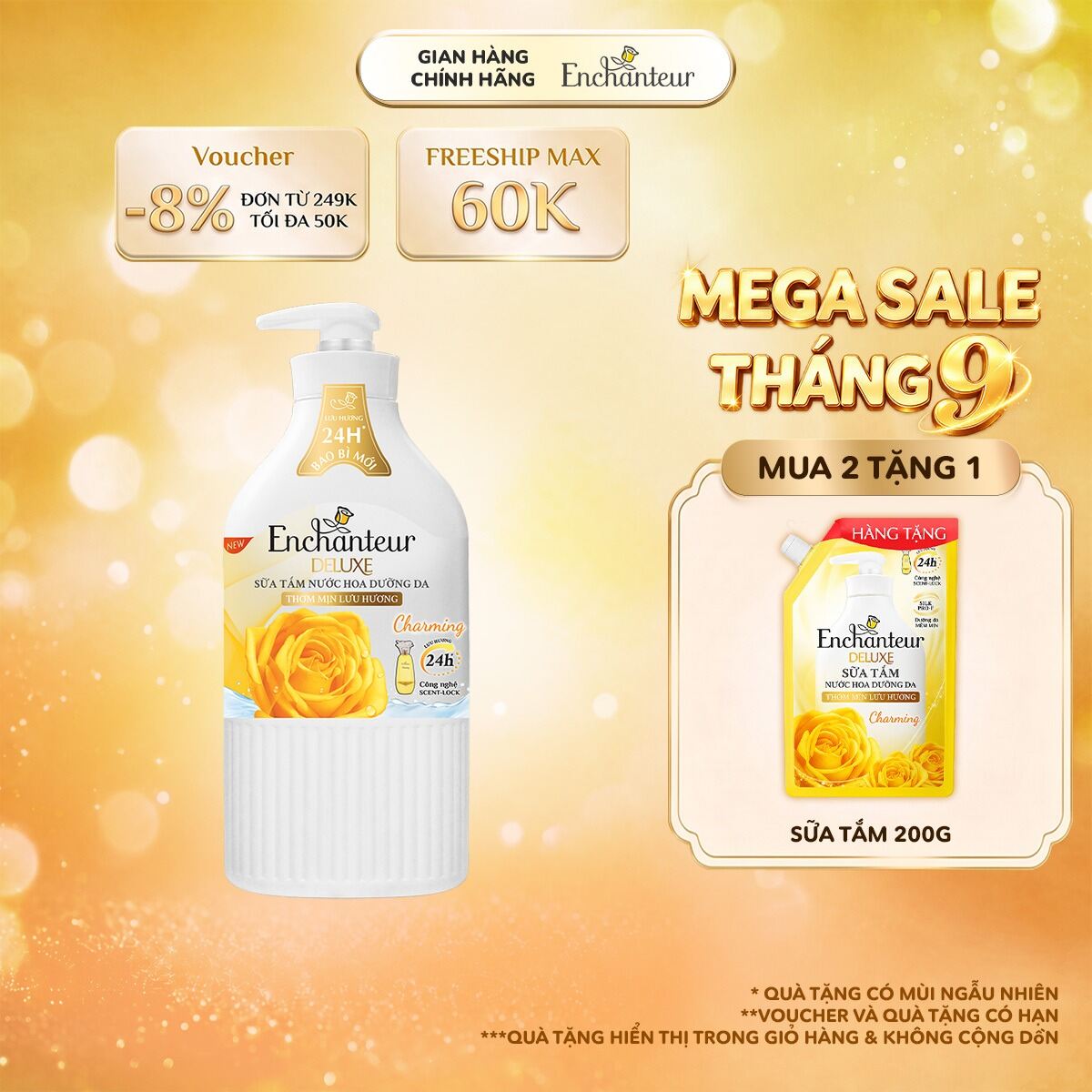 Sữa tắm trắng và dưỡng ẩm Enchanteur Charming 650g