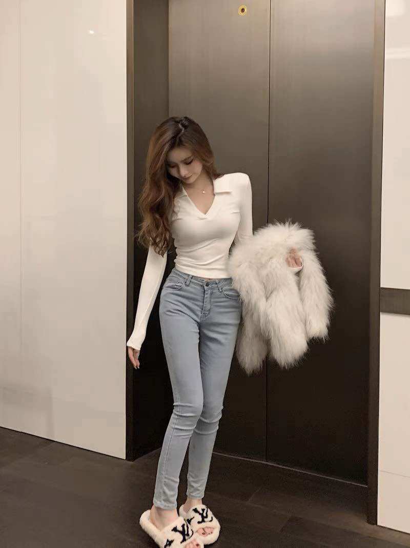 Áo tay dài thân dài cổ tim bẻ BG