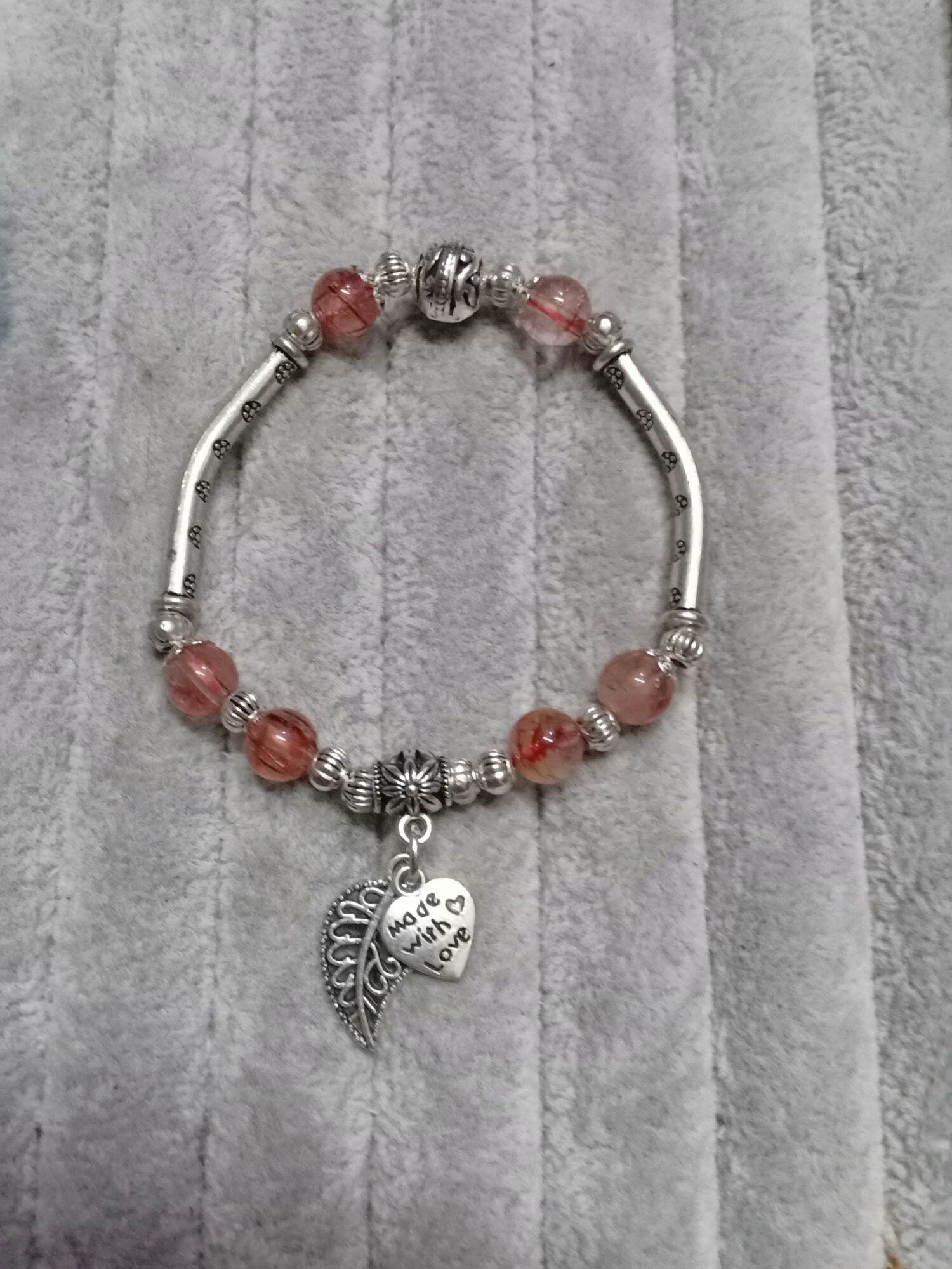 Lắc tay charm bạc thái mix đá thạch anh tóc đỏ tự nhiên