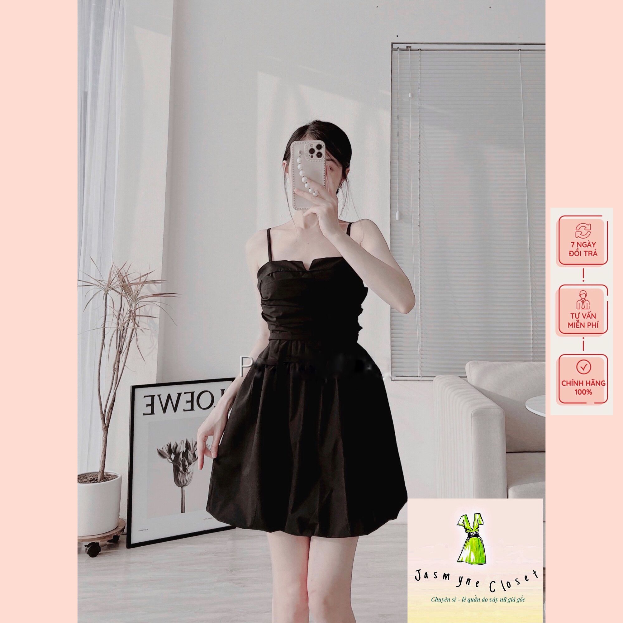 Váy 2 dây đen xòe thân cách điệu tiểu thư