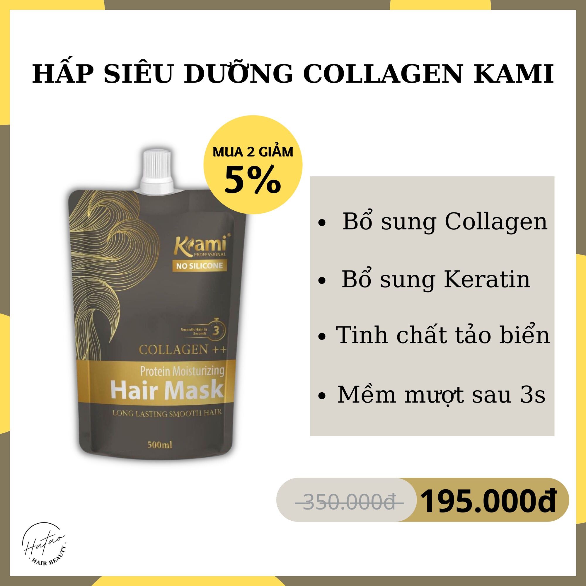 Hấp Siêu Dưỡng Collagen Kami Siêu Mềm Mượt Dạng Túi 500G