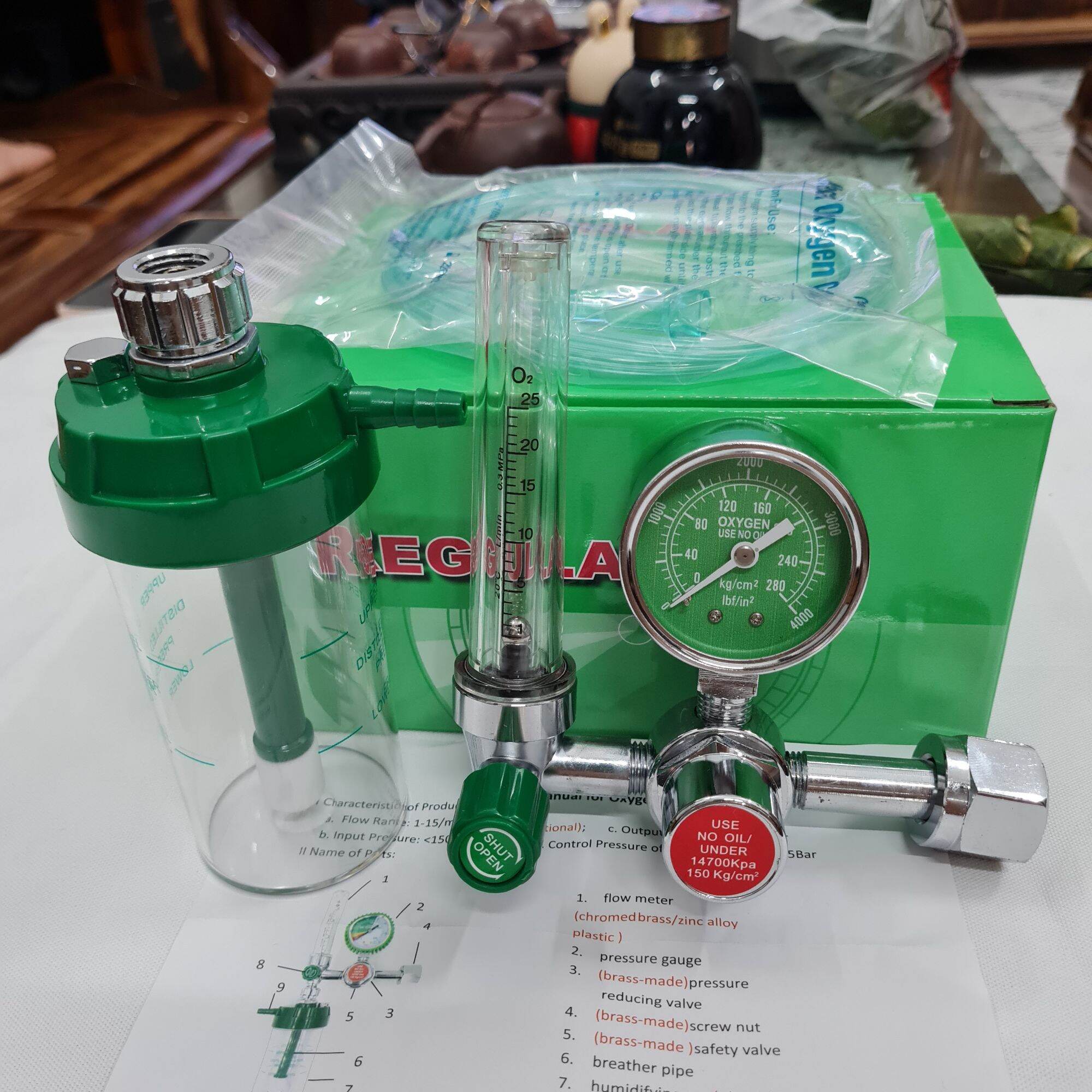 (Trọn bộ 3 món ) Đồng hồ Oxy + Bình tạo ẩm + Dây thở . Sẵn hàng