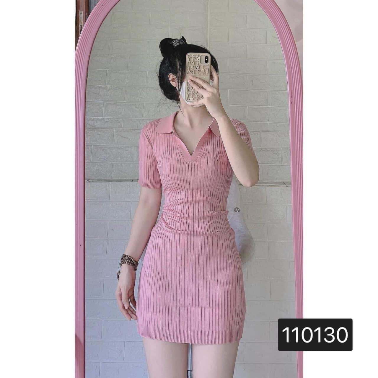 Đầm Gân Body Tay Ngắn Cổ Bẻ Trơn Basic