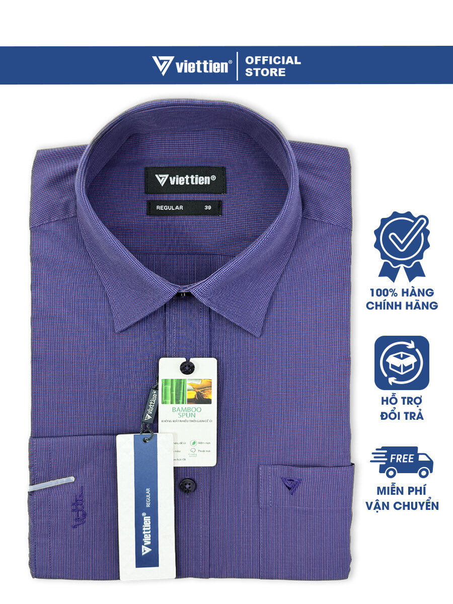 VIỆT TIẾN SALE - Áo Sơ Mi Viettien Tay Dài Màu Caro Tím Violet Form Regular Lai Bầu Quà Tặng Nam Tru