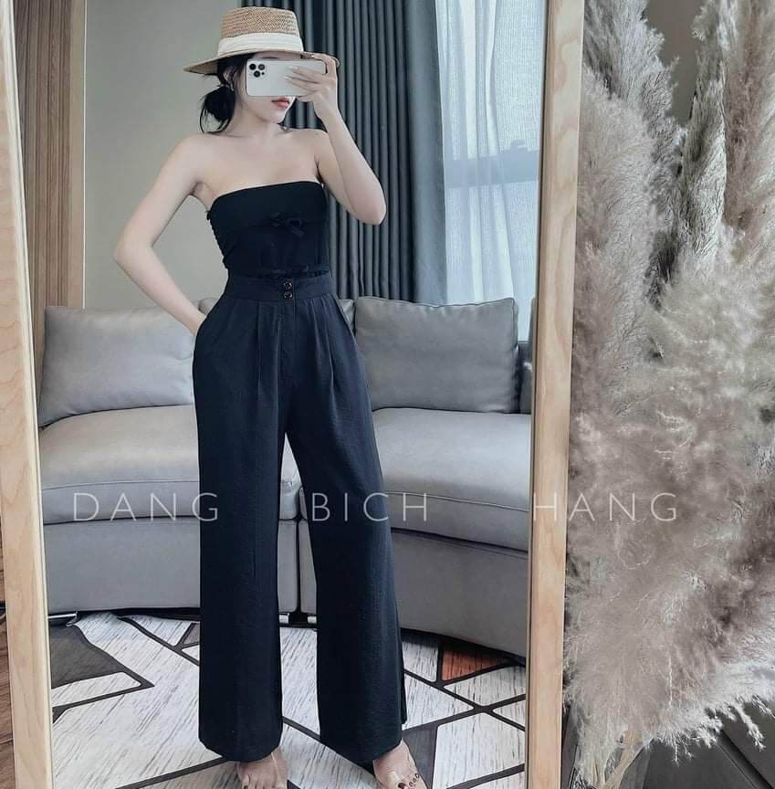 Quần đũi suông cạp chun lưng cao