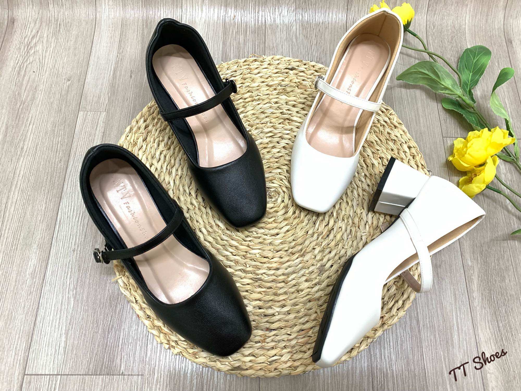 Giày cao gót bít mũi vuông 4cm da mờ mũi vuông thời trang TT Shoes ti098