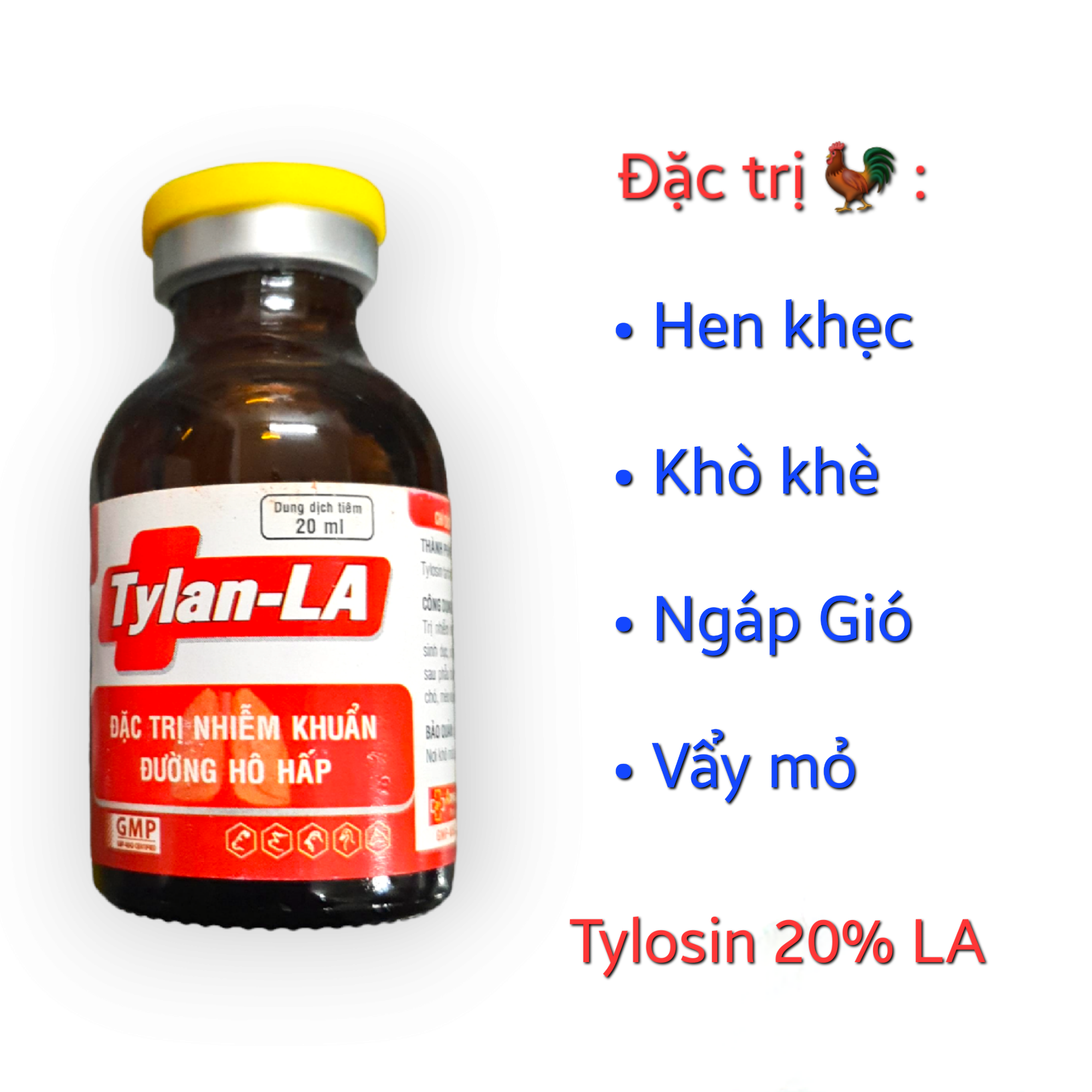 Anvet Tylan LA (20ml) - Tylosin 20% hàm lượng cao. Đặc tr.i hen khẹc, khò khè, ngáp gió, vẩy mỏ cho gà đá