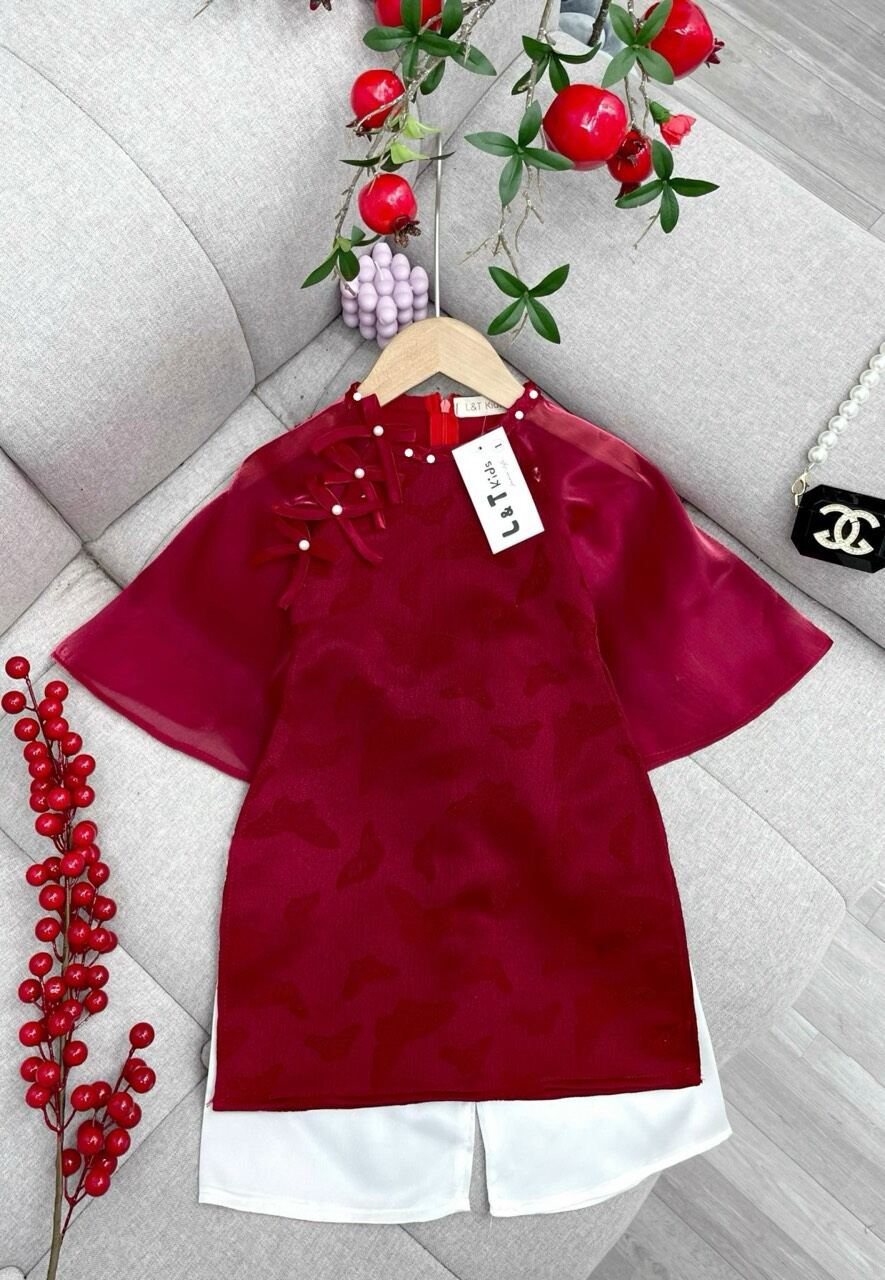 Áo dài đỏ vân lụa kèm bờm cho bé gái 8-30kg