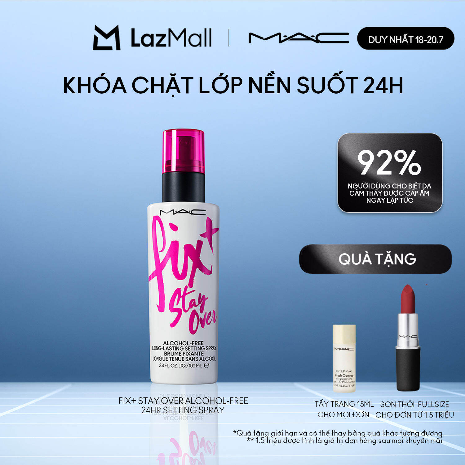 Xịt khóa nền không cồn MAC Fix+ Stay Over Alcohol-Free 24HR Setting Spray | Cấp ẩm và cố định lớp nền suốt 24H, 30ml,100ml