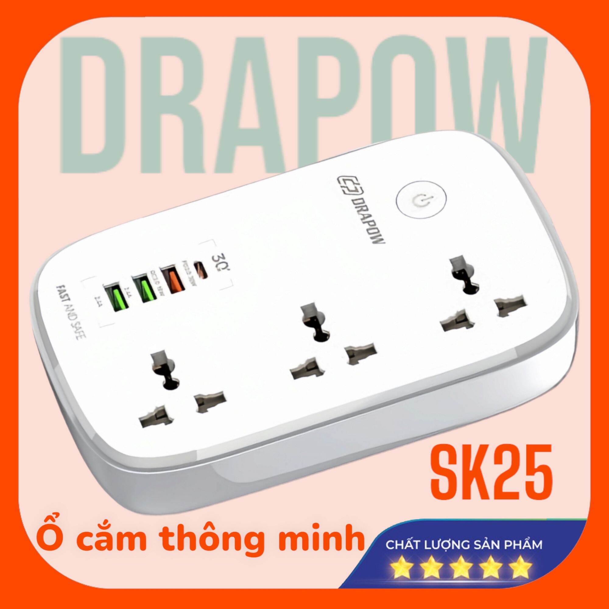 Ổ cắm điện wifi thông minh tuya - drapow sk25 3 ổ cắm điện 2500w , cổng type c sạc nhanh 30w 30w
