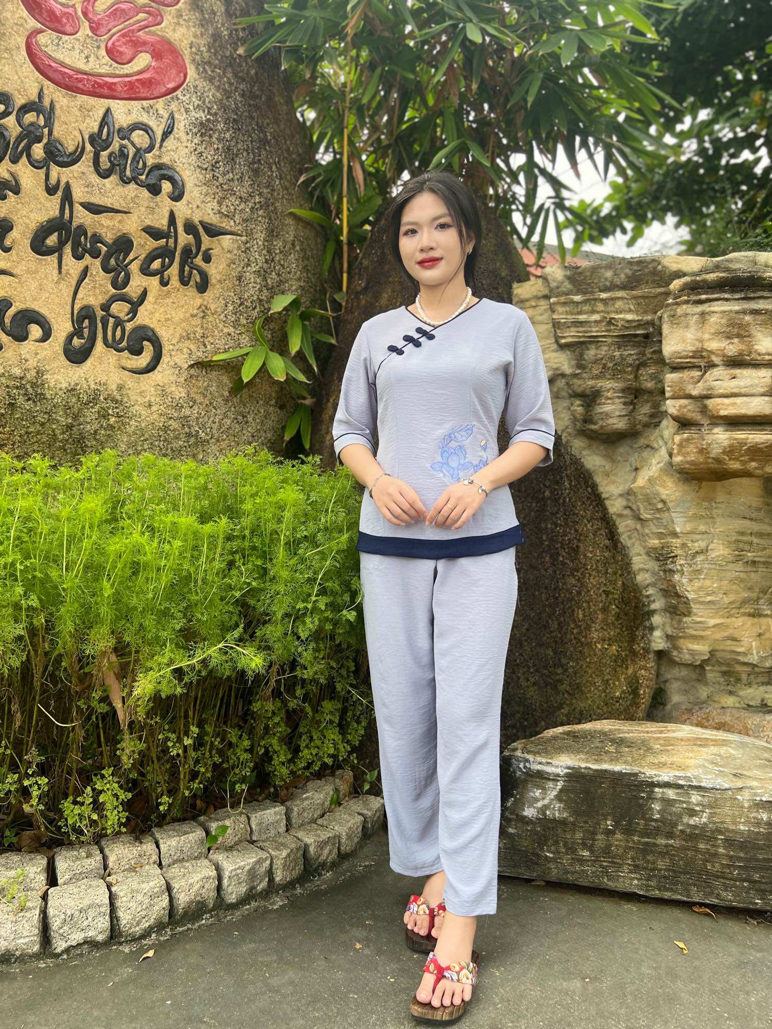 Đồ lam trung niên Mẫu đuỗi phối gấm thượng hải vải đũi cao cấp hàng loại 1 big size đến 80ký