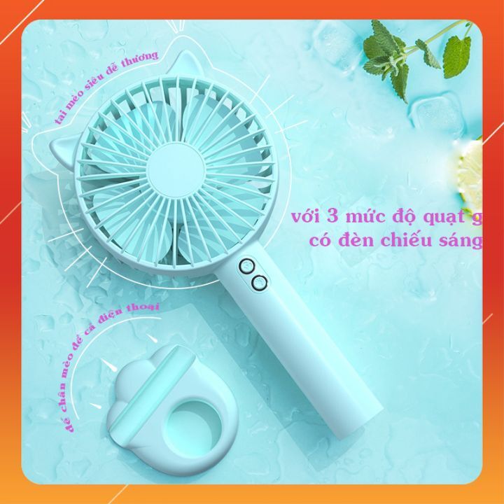 Quạt Tích Điện Mini Cầm Tay Tai Mèo Có Đế Để Bàn - Có Đèn Chiếu Sáng - 3 Cấp Độ Gió (Tặng Kèm Sạc Và Pin)