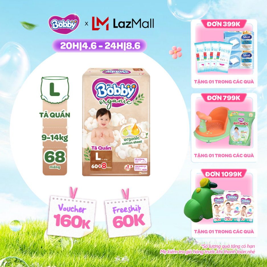 [QUÀ TẶNG HẤP DẪN TỪ 9-10.6][MỚI RA MẮT] [TẶNG KÈM 8 MIẾNG] Tã quần cao cấp Bobby Organic chăm sóc dịu nhẹ từ thiên nhiên L60
