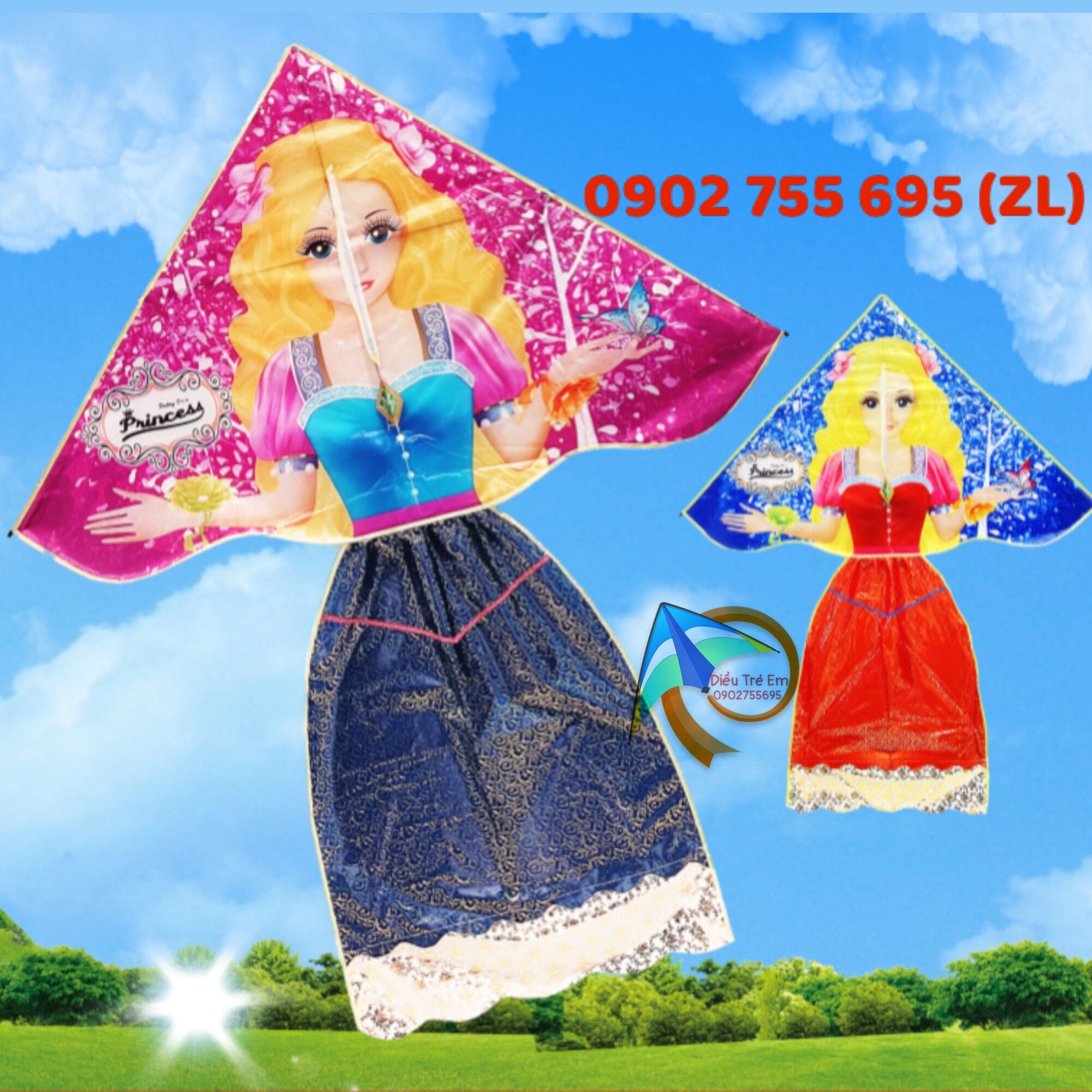 [HCM][MUA 1 ĐƯỢC 2] Diều búp bê barbie và diều công chúa Princess - Tặng tay cầm thả diều 150m dây + túi vải đựng diều (diều giá rẻ, diều thả, diều đẹp, diều bé gái, con diều)