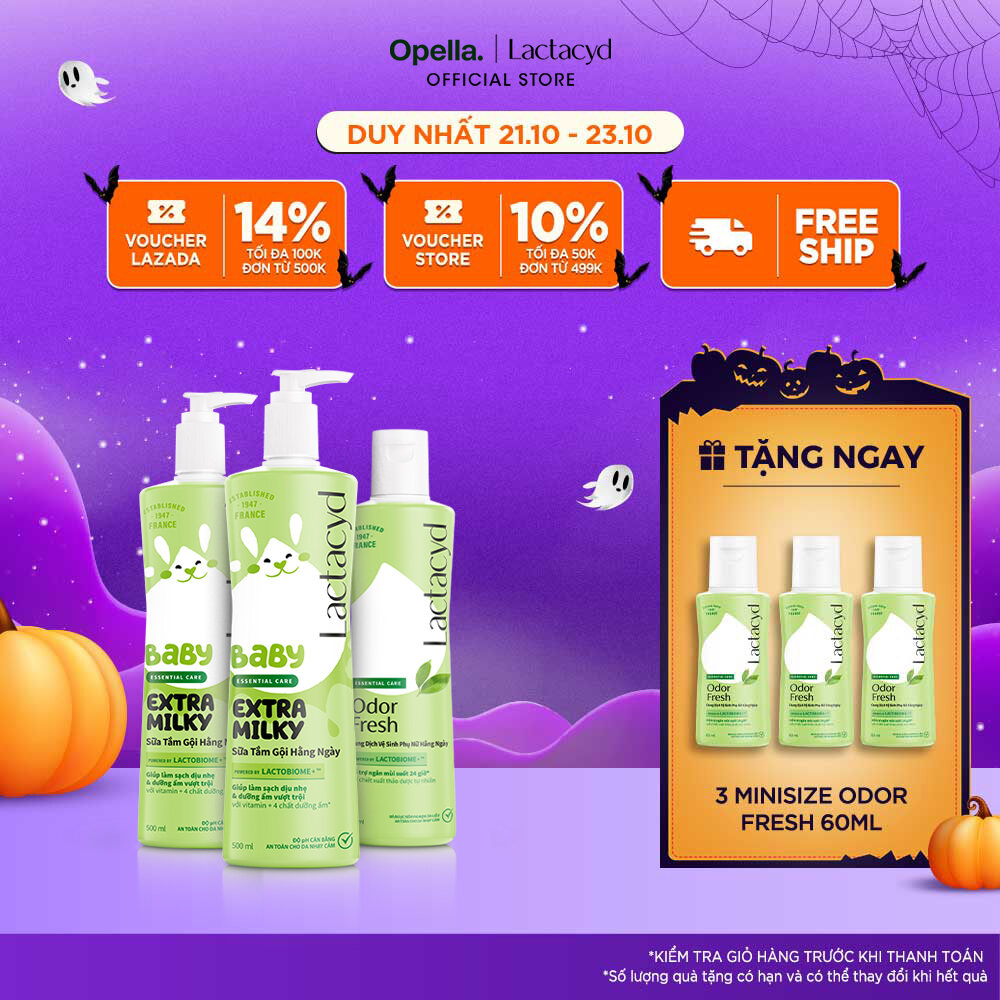 Bộ 2 Sữa Tắm Gội Trẻ Em Lactacyd Baby Extra Milky 500ml + 1 Dung Dịch Vệ Sinh Phụ Nữ Odor Fresh 250m