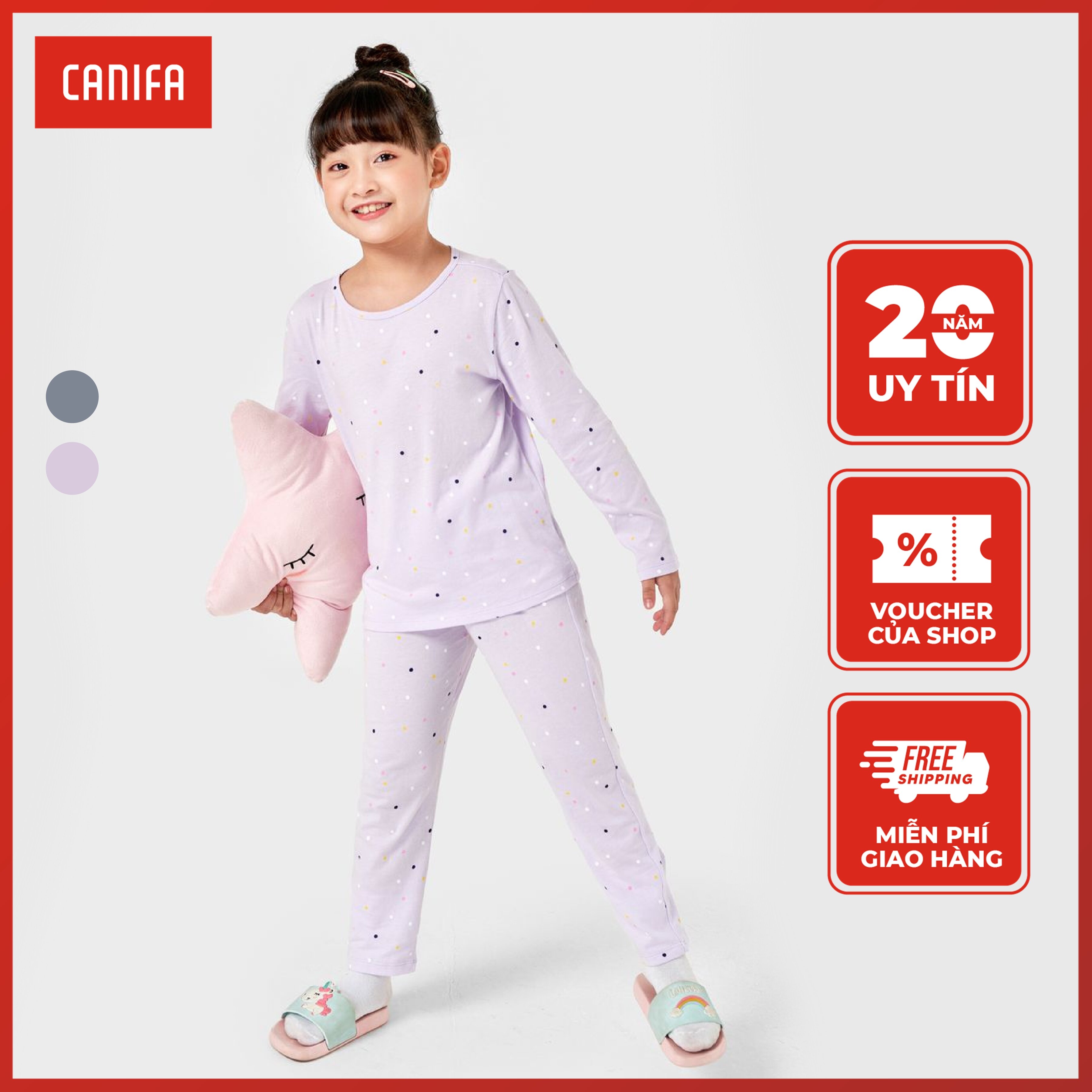 Bộ quần áo mặc nhà bé gái canifa bộ quần áo mặc nhà chất liệu 100% cotton, áo cổ tròn dài tay, quần dài cạp chun. 1ls22w004