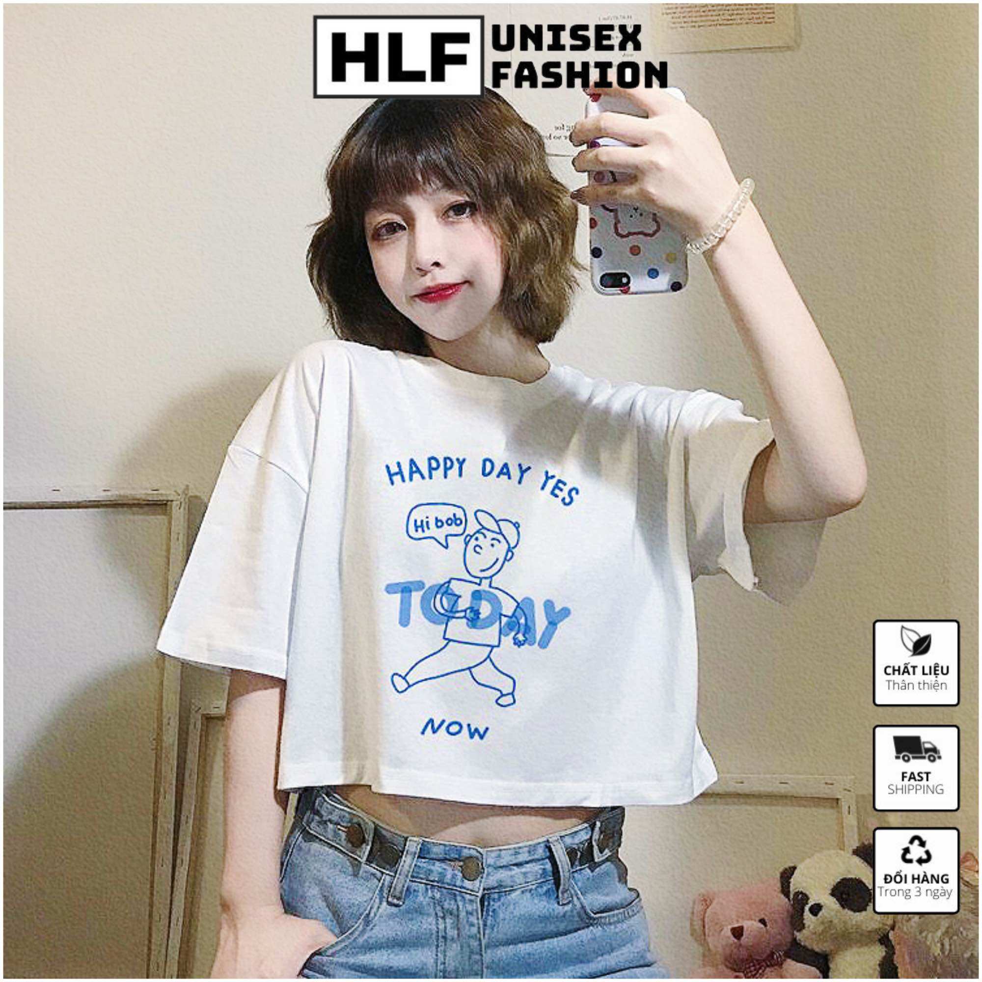 Áo baby tee cổ tròn thun nữ croptop Happy Day Today, brand HLF