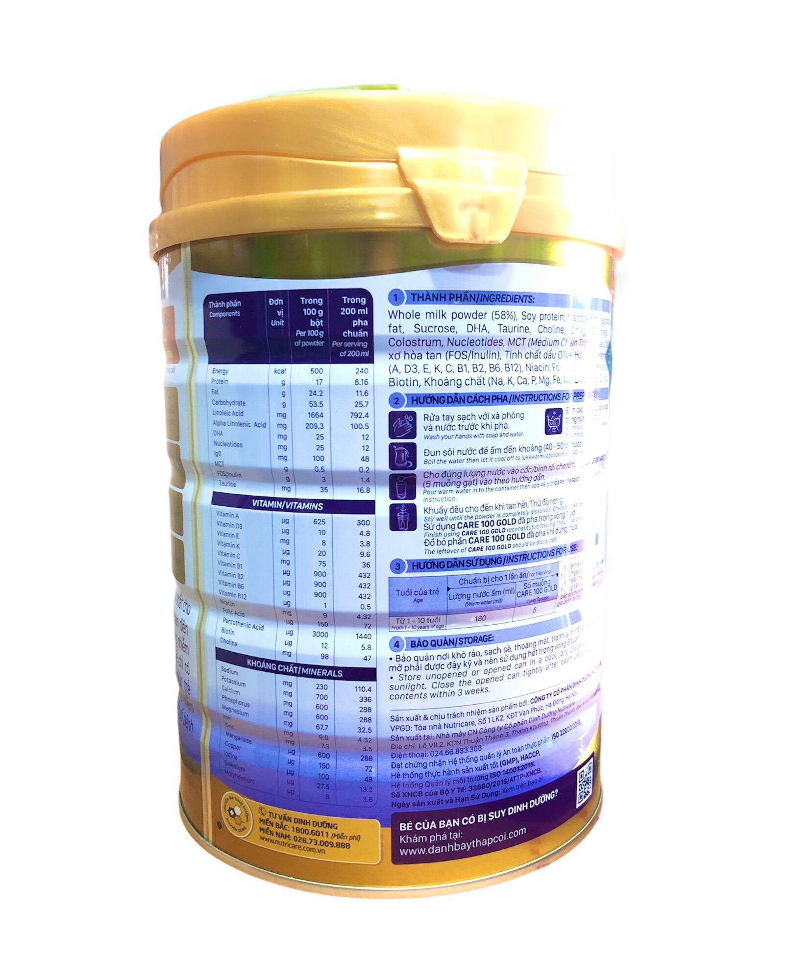 (Mẫu mới)Sữa bột Care 100 pedia Gold số 0,1,2 850g