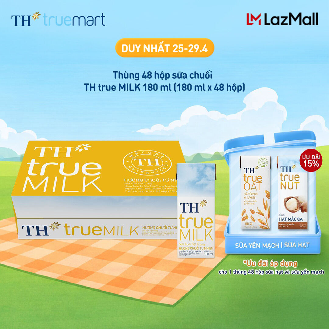 Thùng 48 hộp sữa tươi tiệt trùng TH true MILK hương chuối 180 ml (180 ml x 48)