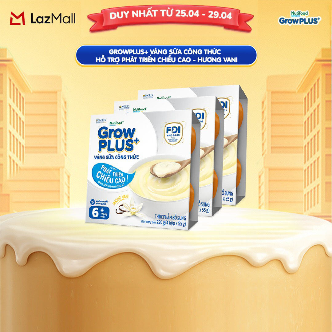 Combo 3 lốc GrowPLUS+ Váng sữa công thức - Hỗ trợ phát triển chiều cao hương Vani & vị Socola (55g x 12 hộp)