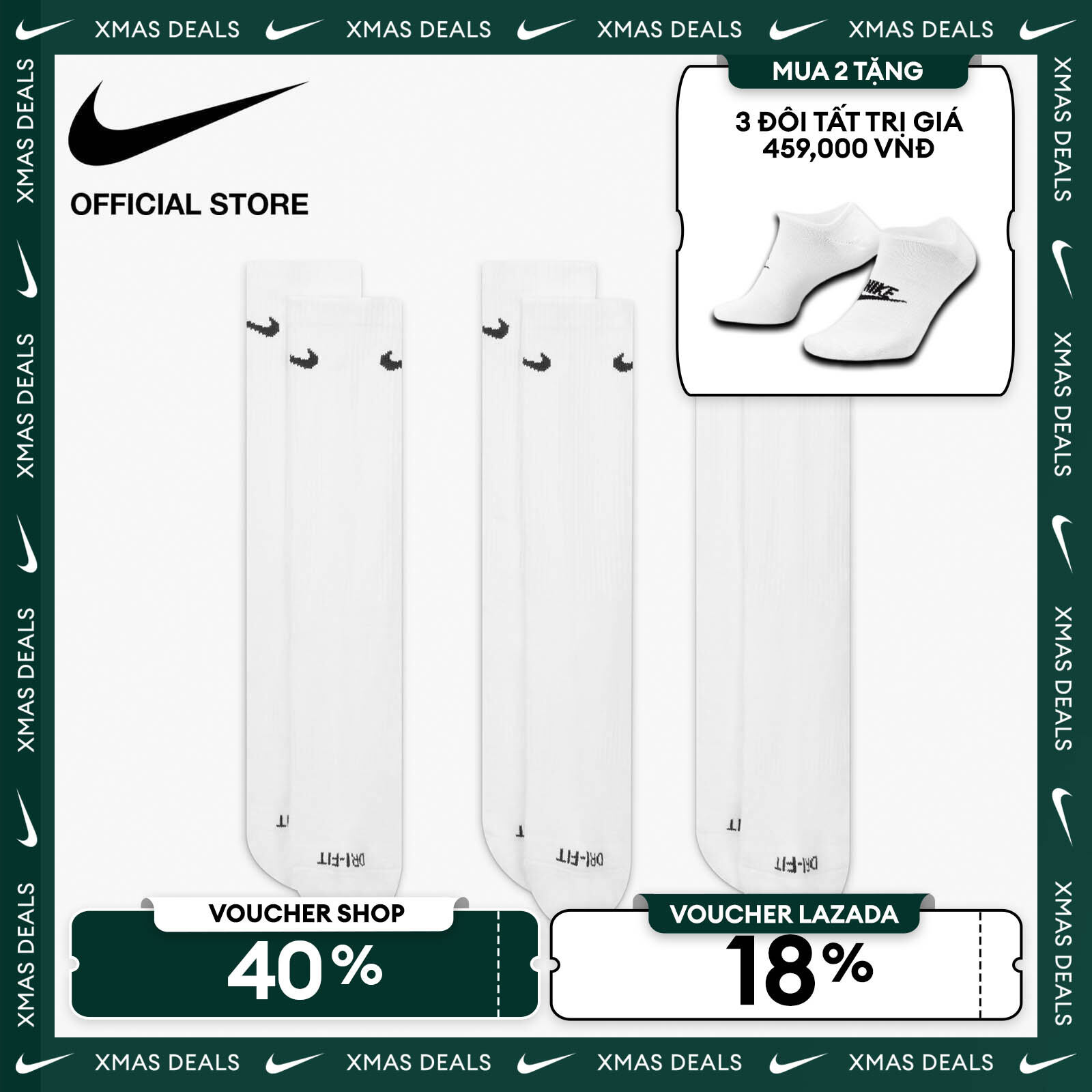   VOUCHER 40% + MUA 2 TẶNG VỚ  Tất Cổ Cao Nike Everyday Plus Cushioned Training Crew Socks  3 Pairs  - White 