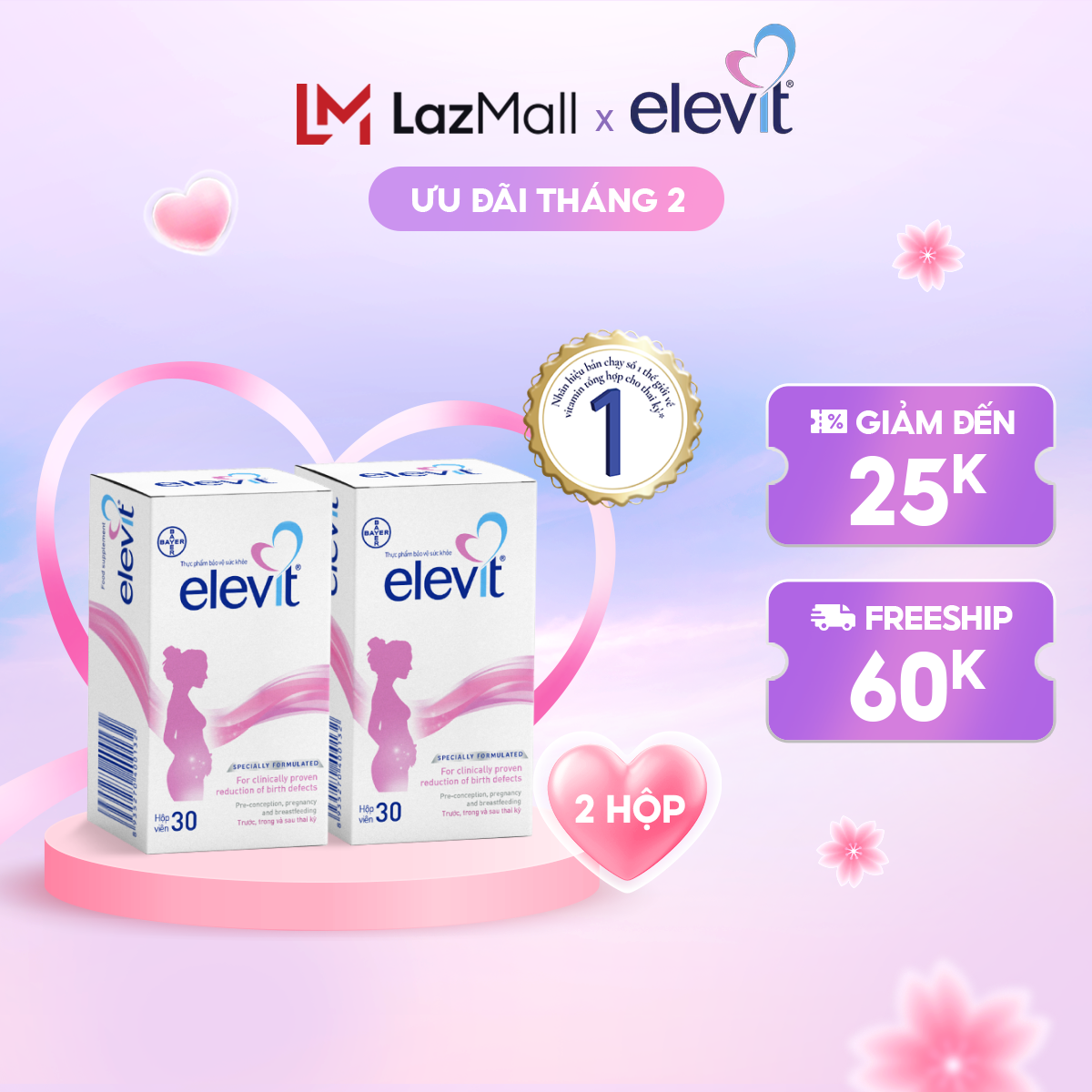 Bộ 2 Hộp Vitamin Bầu Tổng Hợp Elevit Cho Phụ Nữ Trước Trong và Sau Thai Kỳ (30 Viên/ Hộp)