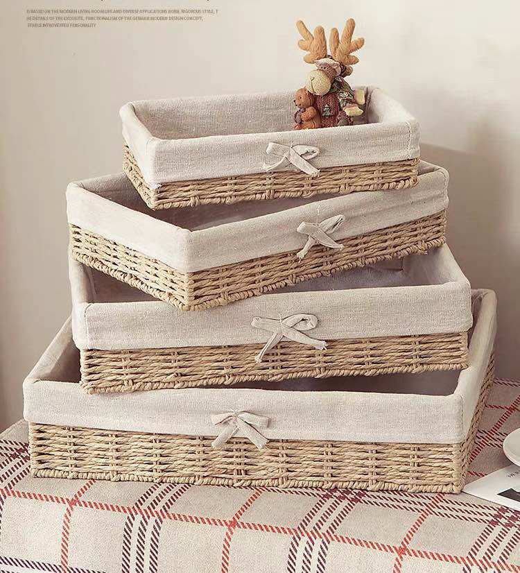Giỏ mây đựng đồ, Giỏ dẹt lưu trữ đồ để bàn, Giỏ cói đi picnic, đựng mỹ phẩm màu be