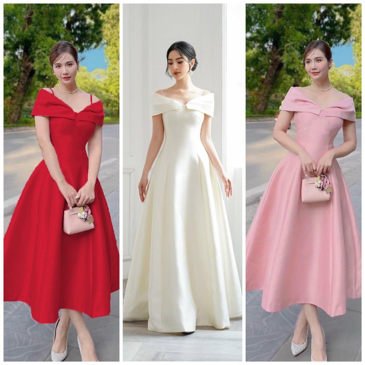 Đầm xòe bẹt vai xếp ly nơ dài thướt tha