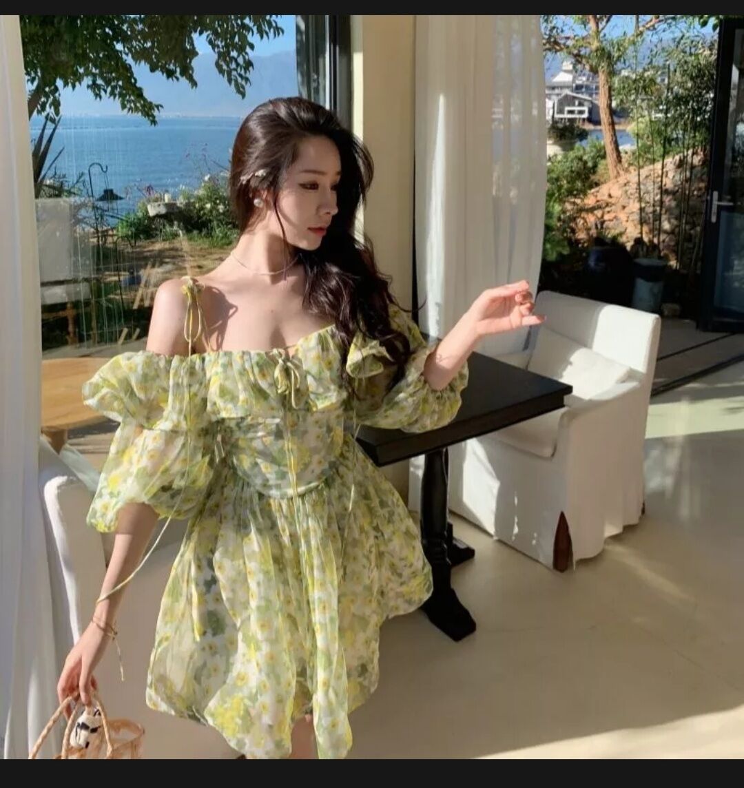 Đầm hoa trễ vai, váy tiểu thư trễ vai chất voan hoa may 2 lớp, váy tiểu thư đủ size, che khuyết điểm cực tốt