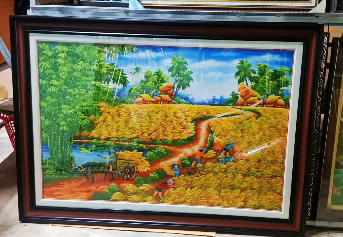 199x112cm Tranh thêu làng quê  thêu kín chưa thêu/ Tranh thêu chữ thập chưa thêu về tự thêu