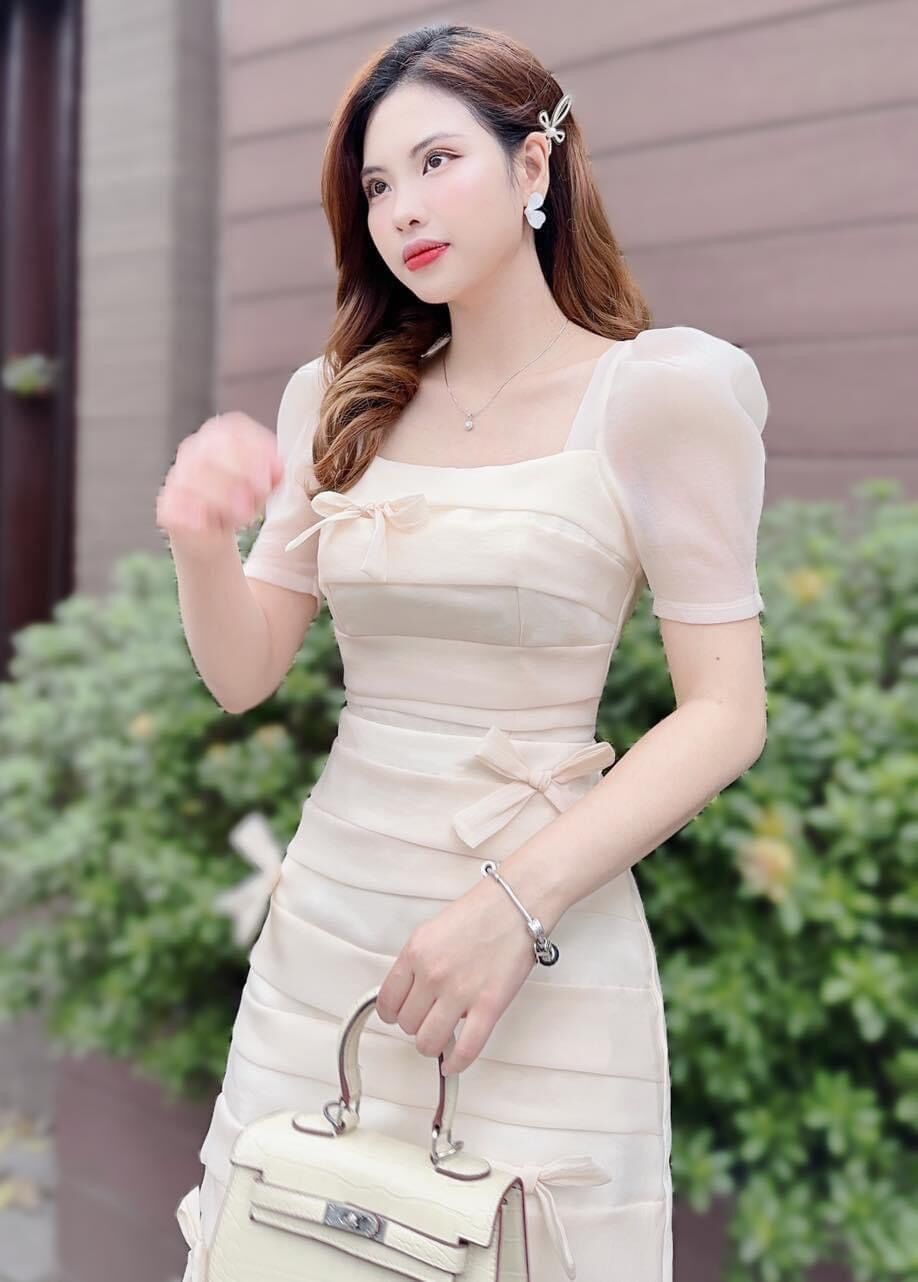 Váy voan tơ nơ hàng dự tiệc cao cấp