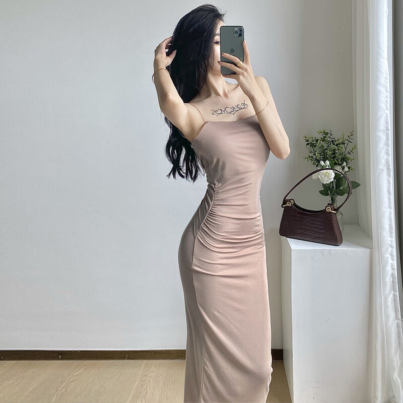 Váy Dài Vừa Thắt Nút Hở Lưng Xếp Ly Tôn Ngực Gợi Cảm Nổi Tiếng Trên Mạng Mùa Hè Gegejia Váy Liền Ôm Mông Hai Dây Tôn Dáng