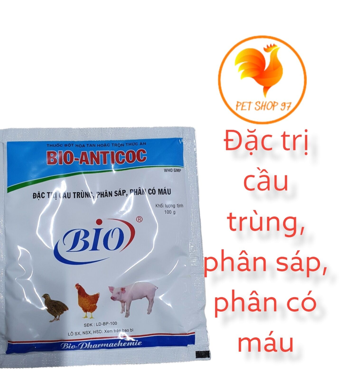 Bio anticoc gói 100g cầu trùng, phân sáp, phân có máu cho gà, heo