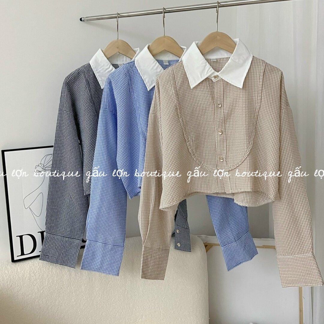 Áo sơ mi kẻ dài tay dáng crop top hàn quốc