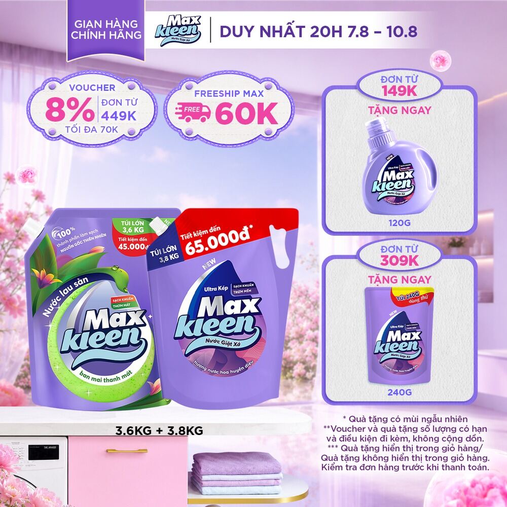 Combo Túi Nước Lau Sàn MaxKleen 3.6kg Ban Mai Thanh Mát + Túi Nước Giặt Xả MaxKleen 3.6kg/3.8kg (Hoa Nắng/Huyền Diêu/Vườn Sớm Mai/Thiên Nhiên)