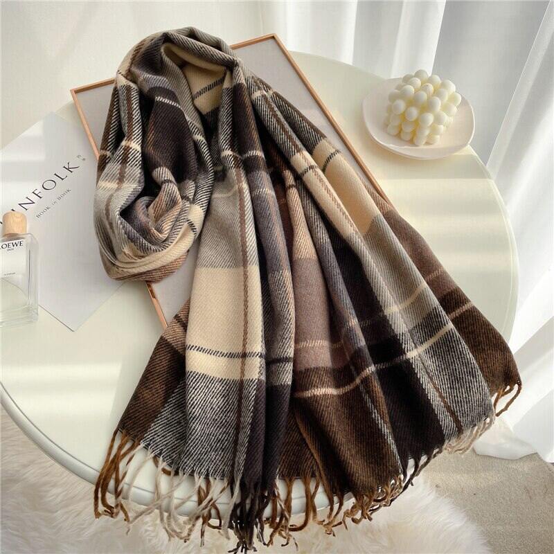 Nữ Sang Trọng Kẻ Sọc Khăn Choàng Cashmere Thời Trang Mùa Đông Pashmina Có Tua Rua Bọc Cổ Echarpe Để Sử Dụng Ngoài Trời