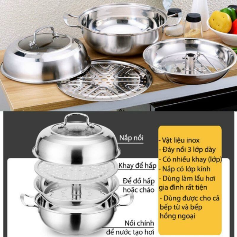 BỘ NỒI LẨU HƠI, NỒI HẤP ĐA NĂNG D32 BẰNG INOX DÙNG ĐƯỢC CHO BẾP TỪ, ĐÁY 3 LỚP A1028D32