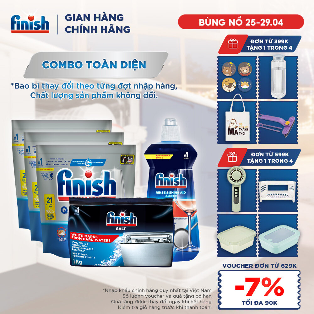 Combo Finish nâng cao: Bộ 3 túi viên rửa chén Quantum 21 viên + Nước làm bóng 500ml + Muối rửa chén bát 1kg