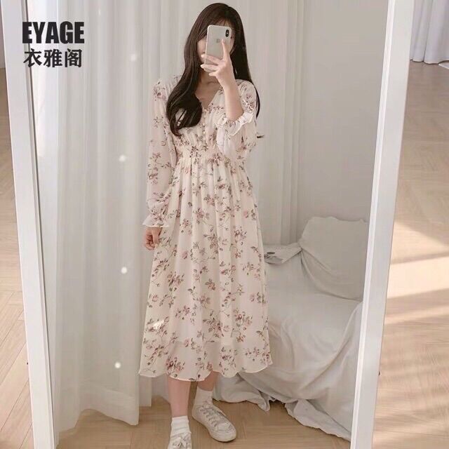 Váy hoa nhí cổ V chun eo - Đầm hoa vintage (hình thật mẫu chụp)