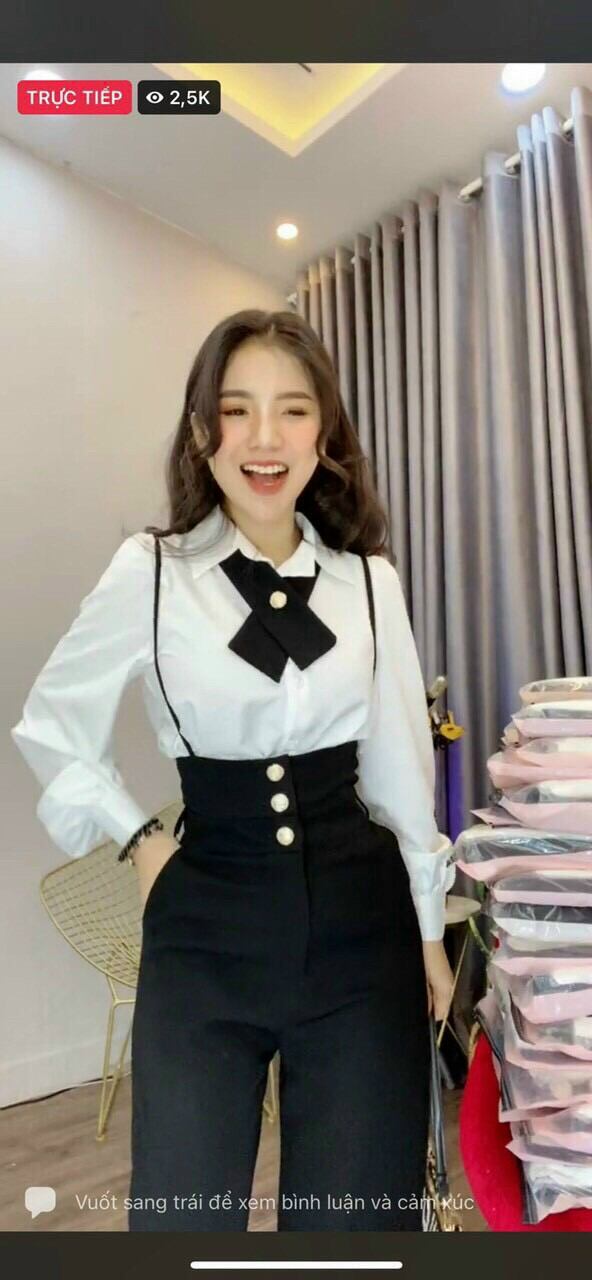 Set Áo Sơmi Nơ + Quần Yếm Suông