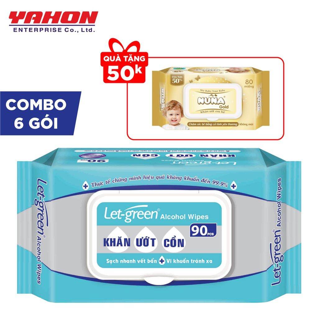 Combo 6 khăn ướt cồn let Green 90 miếng. Tặng 1 gói khăn giấy ướt Nuna 80 tờ như hình.